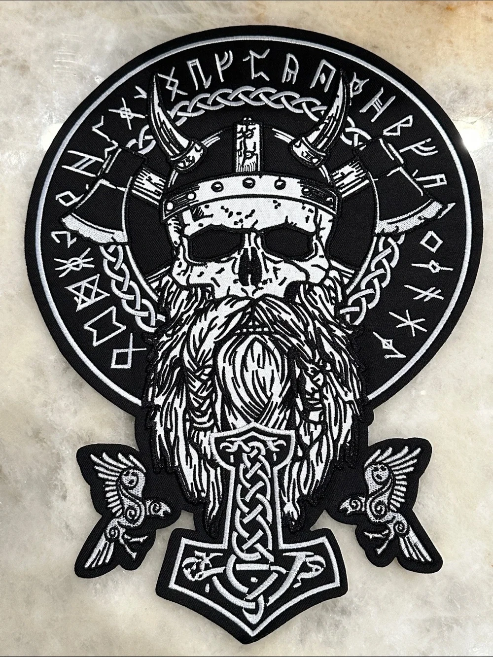 Extra Large Viking Skull with Mjolnir Black & White Embroidered Patch